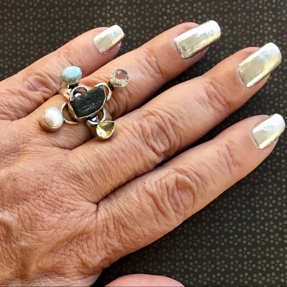 Artisan Ethnic Jewelry - Mixed Gemstone Larimar Tourmaline Pearl Ring